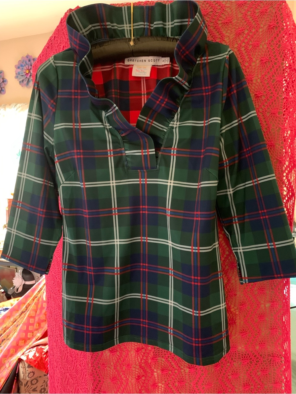 Gretchen Scott Red Navy Green Plaid Popover Tunic